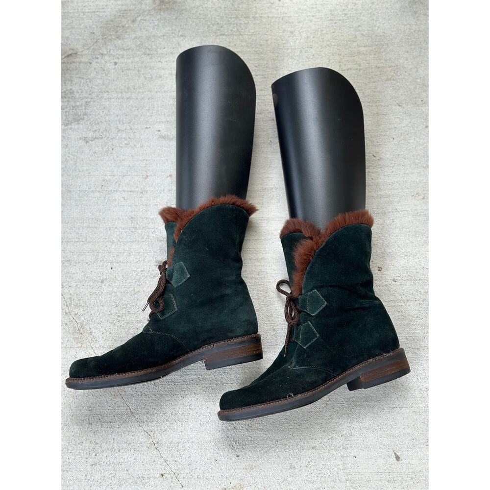 Vicini Italy Women’s EU 37.5 | US 7.5 Green Suede Fur Lined Lace Up Winter Boots - Picture 6 of 13
